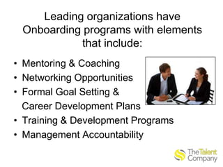 Leading organizations have
Onboarding programs with elements
that include:
• Mentoring & Coaching
• Networking Opportunities
• Formal Goal Setting &
Career Development Plans
• Training & Development Programs
• Management Accountability

 