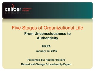 Leadership systems that
create powerful companies
From Unconsciousness to
Authenticity
Five Stages of Organizational Life
HRPA
January 23, 2015
Presented by: Heather Hilliard
Behavioral Change & Leadership Expert
 