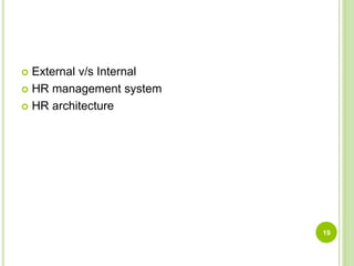  External v/s Internal
 HR management system
 HR architecture
19
 
