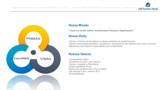Nossa Missão
" Fazer um mundo melhor, transformando Pessoas e Organizações"
Nossa Visão
•Sermos o Parceiro de Excelência no Desenvolvimento do Capital Humano
•Sermos reconhecidos pela Ética, Excelência e Transparência nas relações com nossos parceiros
•Mantermos uma Postura Comprometida com os Resultados.
Nossos Valores
•Transparência e Ética
•Excelência em tudo o que fazemos
•Valorar e respeitar a Diversidade
•Responsabilidade Social
•Busca pelo equilíbrio entre Corpo e Mente
•Ser exemplo e dar o máximo de si
•Sustentabilidade
Desenvolvimento Organizacional – Gestão de Pessoas – Treinamentos – Coaching – Gestão por Competências – Assessment Center - Capital Humano
 