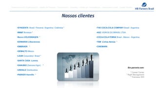 Desenvolvimento Organizacional – Gestão de Pessoas – Treinamentos – Coaching – Gestão por Competências – Assessment Center - Capital Humano
•THE COCA-COLA COMPANY Brasil - Argentina
•AGC VIDROS DO BRASIL LTDA.
•COCA-COLA FEMSA​ Brasil - México - Argentina
•TAM Linhas Aéreas ​​ ​*
•CINEMARK
Em parceria com:
* Career Center
* Rigth Management
* Tramasso IDH
Nossos clientes
•SYNGENTA Brasil / Panamá / Argentina / Colômbia​ *
•BM&F Bovespa ​​*
•​​Banco VOLKSWAGEN ​ *
•EDWARDS Lifesciences
•EMBRAER​ *
•GEMALTO México
•LEAR Corporation Brasil *
•SANTA CASA Lorena
•DANUBIO (Danone-Vigor) *
•UNIVALE Distribuidora
•PARKER Hannifin *
​​
 