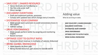 Adding value
• SAVE COST | SHARED RESOURCE
• Senior level jobs are handled by us
• You hire only junior staff
• Direct savings
• DOCUMENT EVERYTHING
• Draft and implement policies, processes
• Comply with updated laws which change every 6 months
• SYSTEMATIZE YOUR COMPANY
• Make people work systematic to avoid unnecessary losses in
the system
• Indirect savings
• DRIVE PERFORMANCE
• Make people perform better by assigning and monitoring
targets
• Boosts turnover
• OPTIMIZE COST TO OUTPUT RATIO
• Generate direct revenue in multiples of salaries disbursed
• BRING GLOBAL KNOWLEDGE
• Have experts do their jobs
• Being shared resources, get access to outside world
What do we bring on table;
- SAVE YOUR COST | SHARED RESOURCE
- DOCUMENT EVERYTHING
- SYSTEMATIZE YOUR COMPANY
- DRIVE PERFORMANCE
- OPTIMIZE COST TO OUTPUT RATIO
- BRING GLOBAL KNOWLEDGE
 