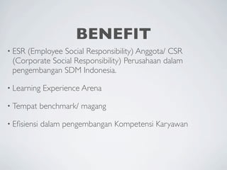 BENEFIT
• ESR(Employee Social Responsibility) Anggota/ CSR
 (Corporate Social Responsibility) Perusahaan dalam
 pengembangan SDM Indonesia.

• Learning   Experience Arena

• Tempat     benchmark/ magang

• Eﬁsiensi   dalam pengembangan Kompetensi Karyawan
 