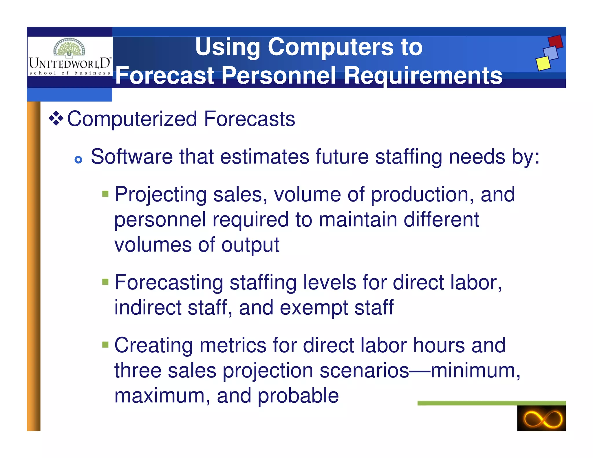 Using Computers to
Forecast Personnel Requirements
Computerized Forecasts
Software that estimates future staffing needs by:
Projecting sales, volume of production, and
personnel required to maintain differentpersonnel required to maintain different
volumes of output
Forecasting staffing levels for direct labor,
indirect staff, and exempt staff
Creating metrics for direct labor hours and
three sales projection scenarios—minimum,
maximum, and probable
 