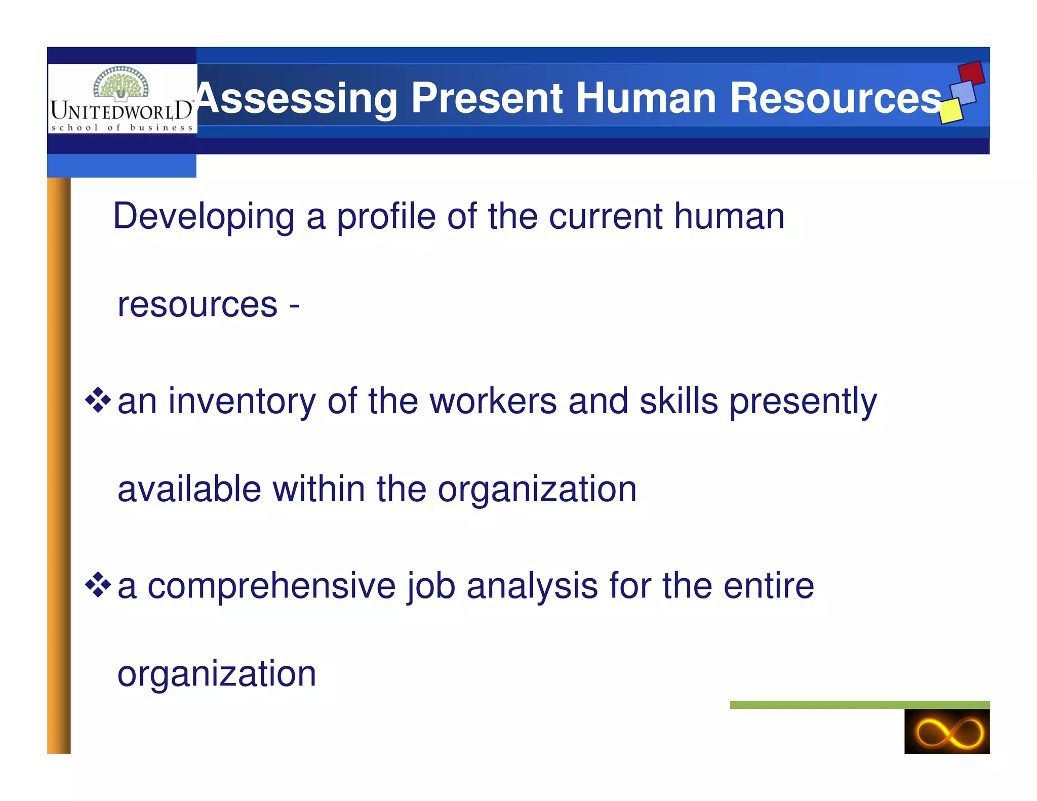 Assessing Present Human Resources
Developing a profile of the current human
resources -
an inventory of the workers and skills presentlyan inventory of the workers and skills presently
available within the organization
a comprehensive job analysis for the entire
organization
 