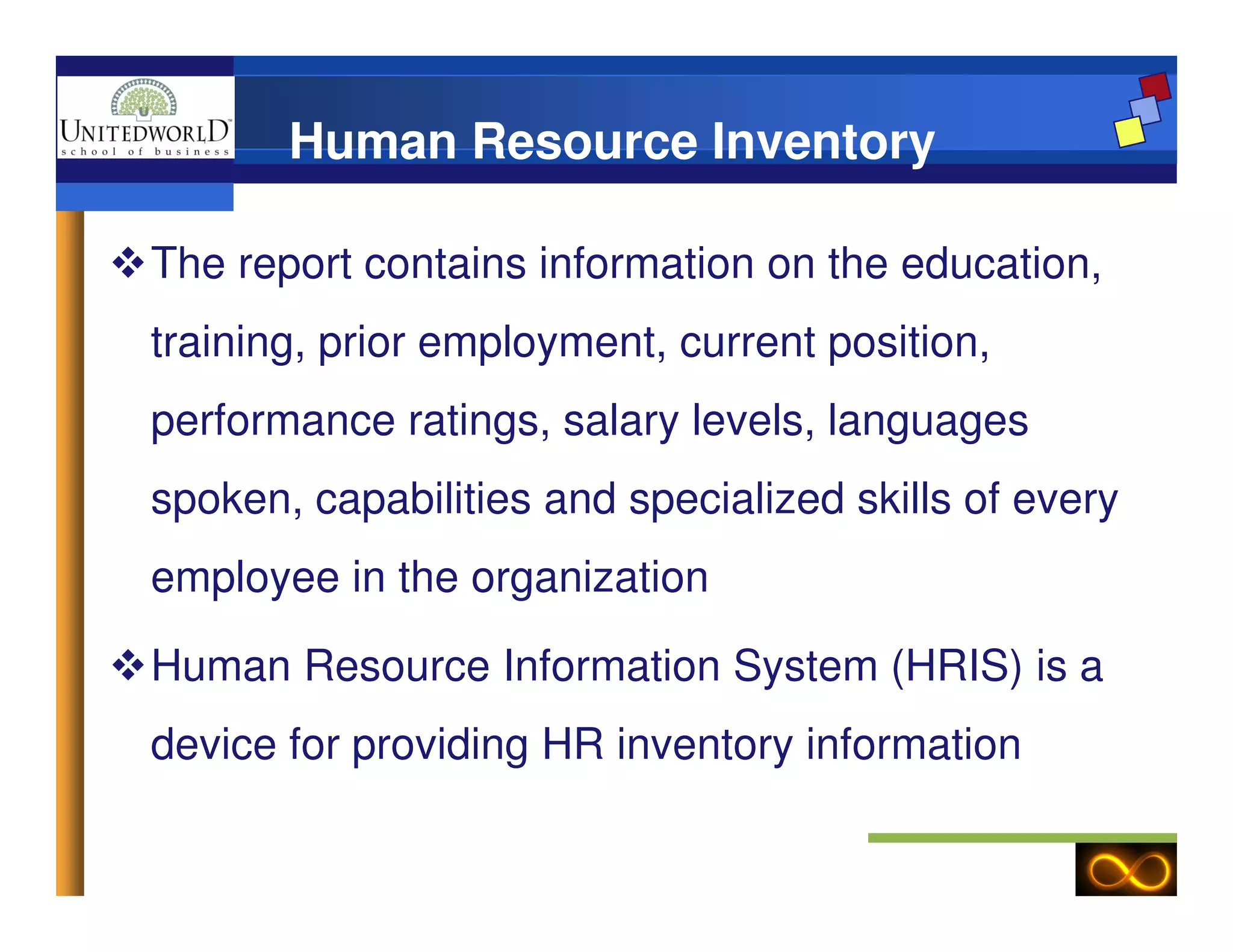 Human Resource Inventory
The report contains information on the education,
training, prior employment, current position,
performance ratings, salary levels, languages
spoken, capabilities and specialized skills of everyspoken, capabilities and specialized skills of every
employee in the organization
Human Resource Information System (HRIS) is a
device for providing HR inventory information
 