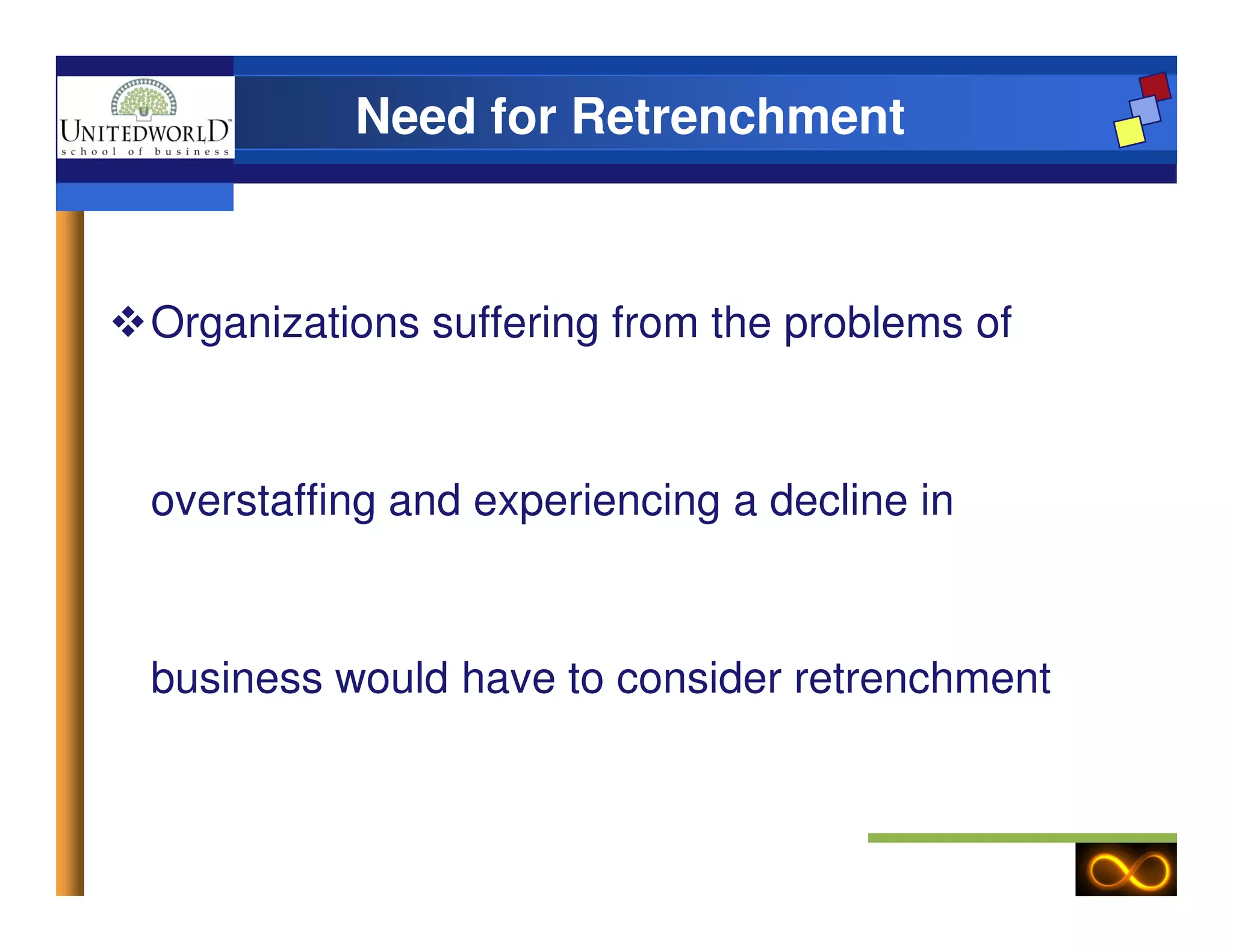 Need for Retrenchment
Organizations suffering from the problems of
overstaffing and experiencing a decline inoverstaffing and experiencing a decline in
business would have to consider retrenchment
 