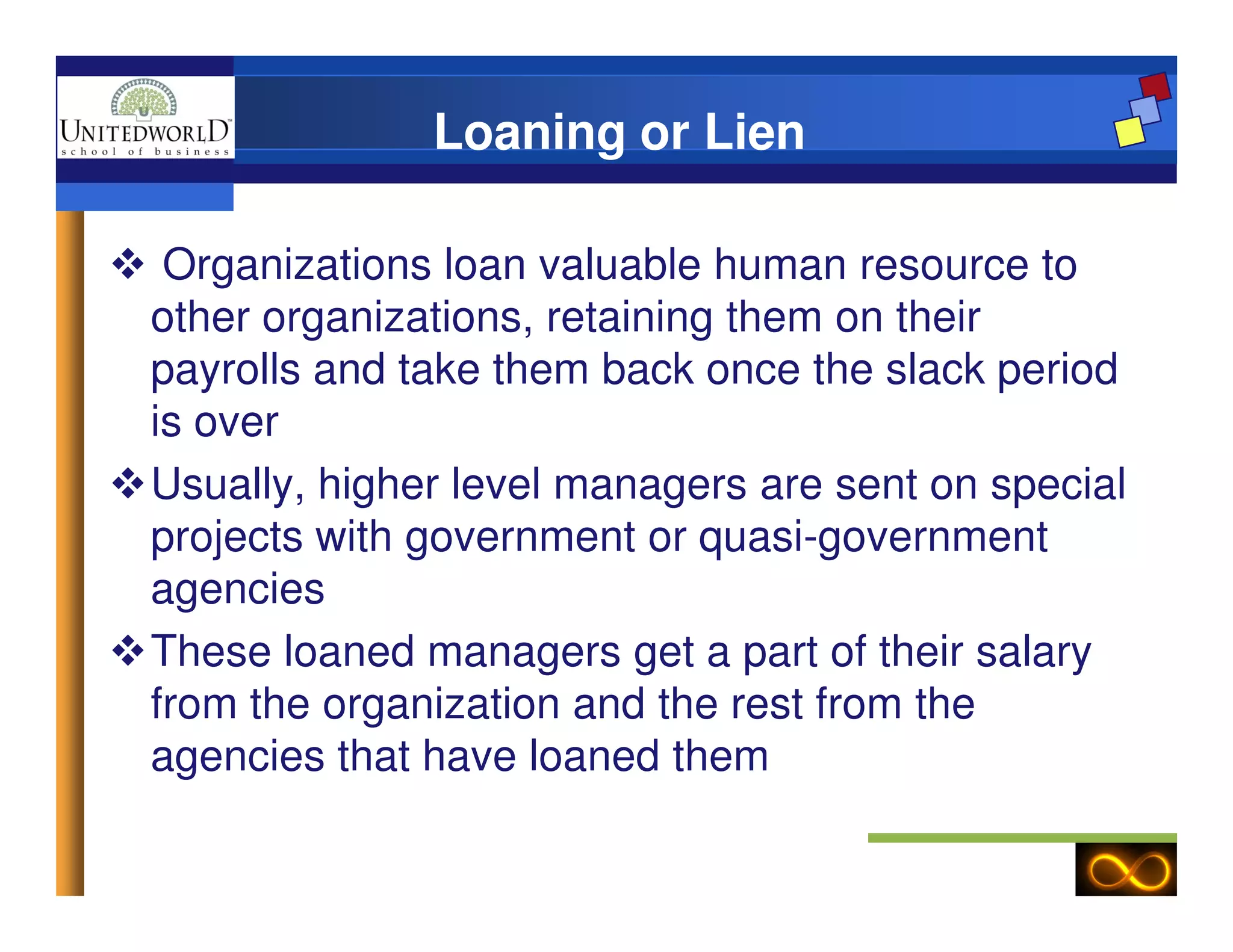 Loaning or Lien
Organizations loan valuable human resource to
other organizations, retaining them on their
payrolls and take them back once the slack period
is over
Usually, higher level managers are sent on specialUsually, higher level managers are sent on special
projects with government or quasi-government
agencies
These loaned managers get a part of their salary
from the organization and the rest from the
agencies that have loaned them
 