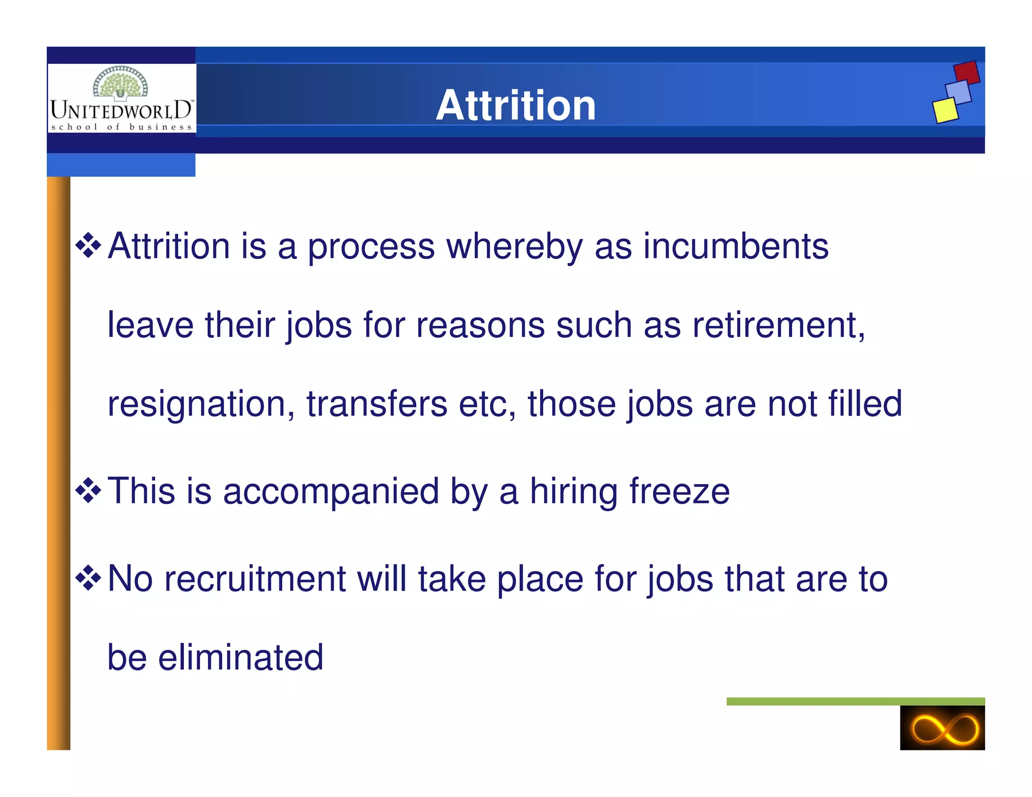 Attrition
Attrition is a process whereby as incumbents
leave their jobs for reasons such as retirement,
resignation, transfers etc, those jobs are not filledresignation, transfers etc, those jobs are not filled
This is accompanied by a hiring freeze
No recruitment will take place for jobs that are to
be eliminated
 