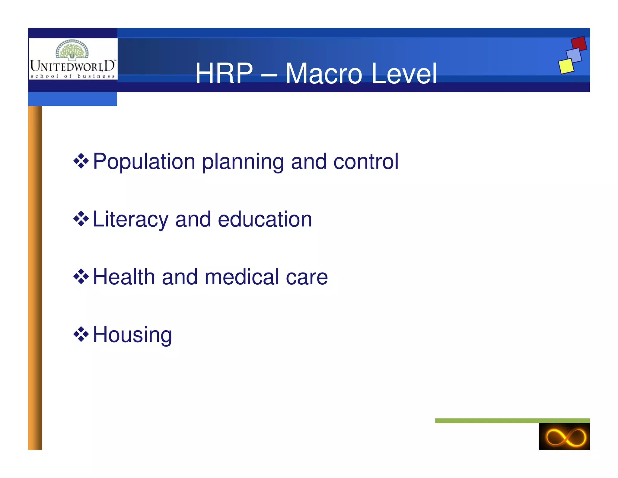 HRP – Macro Level
Population planning and control
Literacy and education
Health and medical care
Housing
 