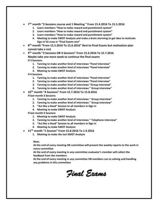  7Th month “3 Sessions course and 1 Meeting ” From 15.4.2016 To 15.5.2016
1. Learn members “How to make reward and punishment system”
2. Learn members “How to make reward and punishment system”
3. Learn members “How to make reward and punishment system”
4. Meeting to make SWOT Analysis and make a brain storming to get idea to motivate
Sign in’16 crew in “Final Exams rest”
 8Th month “From 15.5.2016 To 15.6.2016” Rest to Final Exams but motivation plan
cannot take a rest
 9Th month “3 Sessions OR 4 Sessions” From 15.6.2016 To 15.7.2016
Maybe take one more week to continue the final exams
If 3 Sessions
1. Tanning to make another kind of interviews ”Panel interview”
2. Tanning to make another kind of interviews ”Panel interview”
3. Meeting to make SWOT Analysis
If 4 Sessions
1. Tanning to make another kind of interviews ”Panel interview”
2. Tanning to make another kind of interviews ”Panel interview”
3. Tanning to make another kind of interviews ”Group interview”
4. Tanning to make another kind of interviews ” Group interview”
 10Th month “4 Sessions” From 15.7.2016 To 15.8.2016
If last month 3 Sessions
1. Tanning to make another kind of interviews ” Group interview”
2. Tanning to make another kind of interviews ” Group interview”
3. “Act like a Head” Session to all members in Sign in
4. Meeting to make SWOT Analysis
If last month 4 Sessions
1. Meeting to make SWOT Analysis
2. Tanning to make another kind of interviews ” Telephone interview”
3. “Act like a Head” Session to all members in Sign in
4. Meeting to make SWOT Analysis
 11Th month “1 Session” From 15.8.2016 To 1.9.2016
1. Meeting to make the last SWOT Analysis
Note.
At the end of every meeting HR committee will present the weekly reports to the work in
every committee
At the end of every meeting in any committee evaluator’s member will collect the
feedback from the members
At the end of every meeting in any committee HR members can to solving and handling
any problems in this committee
Final Exams
 