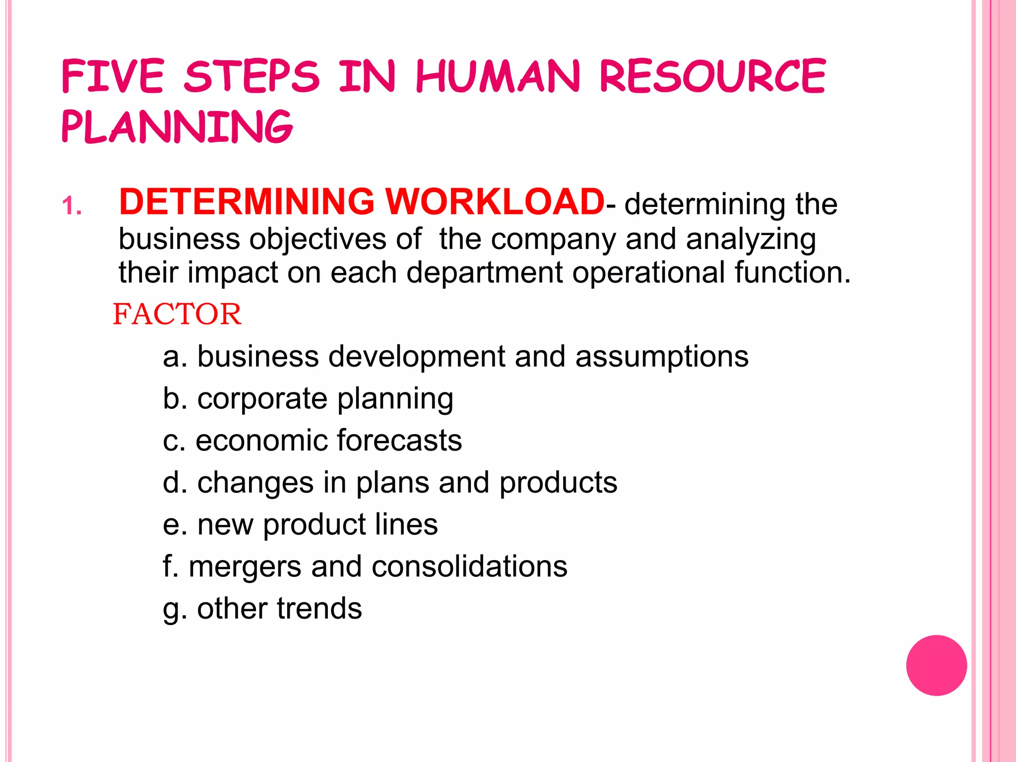 FIVE STEPS IN HUMAN RESOURCE
PLANNING
1.   DETERMINING WORKLOAD- determining the
     business objectives of the company and analyzing
     their impact on each department operational function.
     FACTOR
        a. business development and assumptions
        b. corporate planning
        c. economic forecasts
        d. changes in plans and products
        e. new product lines
        f. mergers and consolidations
        g. other trends
 