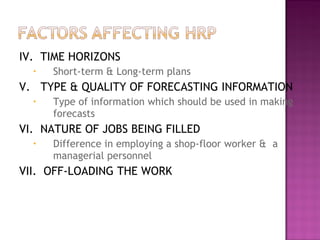 IV. TIME HORIZONS
  •   Short-term & Long-term plans
V. TYPE & QUALITY OF FORECASTING INFORMATION
  •   Type of information which should be used in making
      forecasts
VI. NATURE OF JOBS BEING FILLED
  •   Difference in employing a shop-floor worker & a
      managerial personnel
VII. OFF-LOADING THE WORK
 