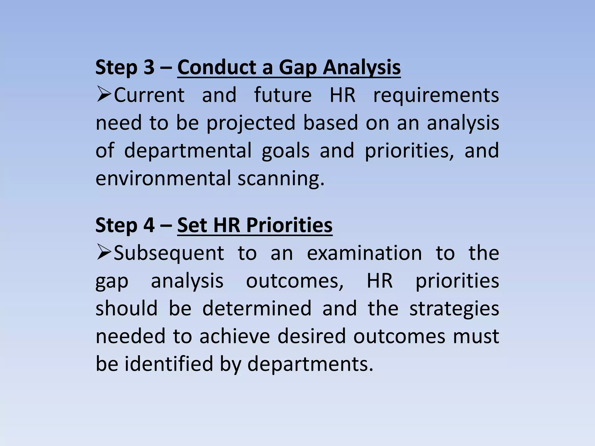 Step 3 – Conduct a Gap Analysis
Current and future HR requirements
need to be projected based on an analysis
of departmental goals and priorities, and
environmental scanning.
Step 4 – Set HR Priorities
Subsequent to an examination to the
gap analysis outcomes, HR priorities
should be determined and the strategies
needed to achieve desired outcomes must
be identified by departments.