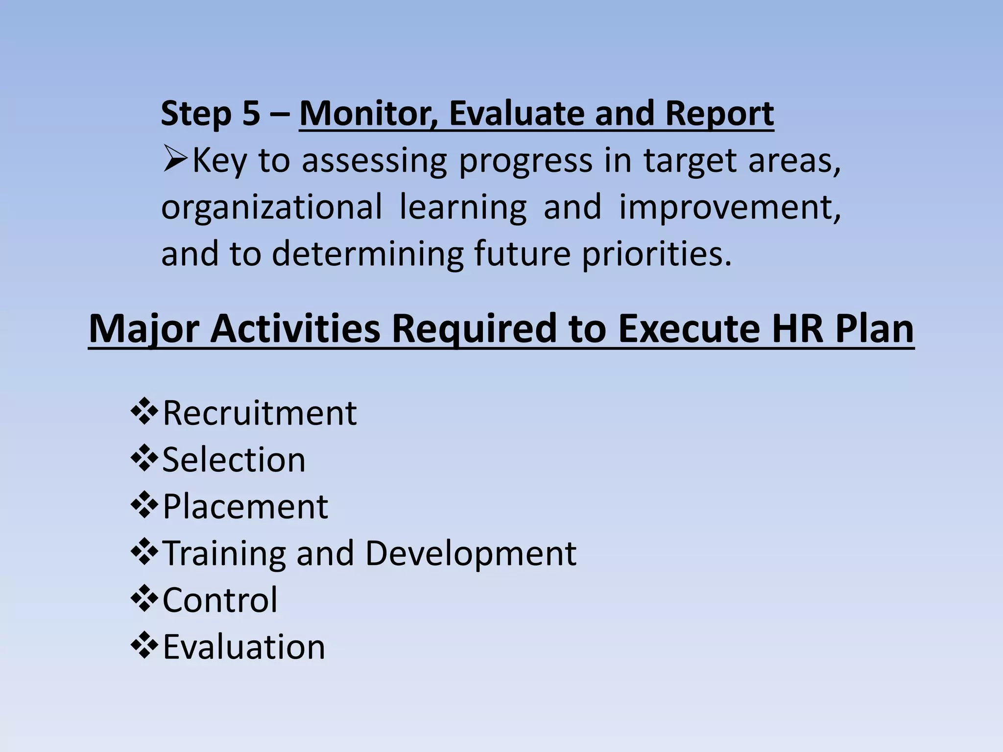 Step 5 – Monitor, Evaluate and Report
Key to assessing progress in target areas,
organizational learning and improvement,
and to determining future priorities.
Major Activities Required to Execute HR Plan
Recruitment
Selection
Placement
Training and Development
Control
Evaluation