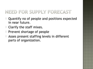  Quantify no of people and positions expected
in near future.
 Clarify the staff mixes.
 Prevent shortage of people
 Asses present staffing levels in different
parts of organization.
 
