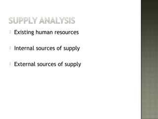  Existing human resources
 Internal sources of supply
 External sources of supply
 