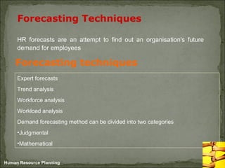 Forecasting Techniques
HR forecasts are an attempt to find out an organisation's future
demand for employees
Human Resource Planning
Forecasting techniques
Expert forecasts
Trend analysis
Workforce analysis
Workload analysis
Demand forecasting method can be divided into two categories
•Judgmental
•Mathematical
 