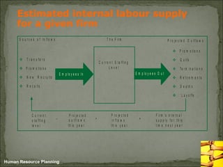 Human Resource Planning
Estimated internal labour supply
for a given firm
T h e F ir mS o u r c e s o f In flo w s
 T r a n s f e r s
 P r o m o tio n s
 N e w R e c r u its
 R e c a lls
 P r o m o t io n s
 Q u its
 Te r m in a tio n s
 R e tir e m e n ts
 D e a th s
 L a y o ffs
E m p lo y e e s In E m p lo y e e s O u t
C u r r e n t
s t a f f i n g
le v e l
P r o je c t e d
o u t f l o w s
th is y e a r
P r o je c t e d
i n f l o w s
th is y e a r
F ir m ’s in te r n a l
s u p p ly f o r t h is
tim e n e x t y e a r
– + =
P r o je c te d O u t f lo w s
C u r r e n t S ta ffin g
L e v e l
 