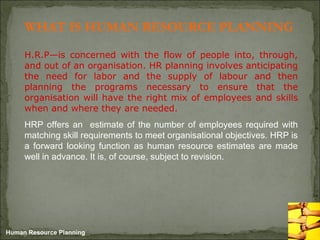 WHAT IS HUMAN RESOURCE PLANNING
5-2
H.R.P—is concerned with the flow of people into, through,
and out of an organisation. HR planning involves anticipating
the need for labor and the supply of labour and then
planning the programs necessary to ensure that the
organisation will have the right mix of employees and skills
when and where they are needed.
HRP offers an estimate of the number of employees required with
matching skill requirements to meet organisational objectives. HRP is
a forward looking function as human resource estimates are made
well in advance. It is, of course, subject to revision.
Human Resource Planning
 