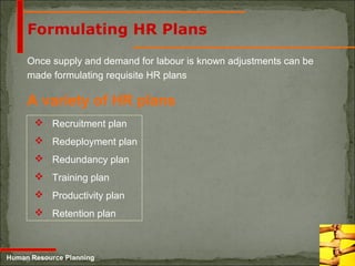 5-22
Formulating HR Plans
Human Resource Planning
Once supply and demand for labour is known adjustments can be
made formulating requisite HR plans
A variety of HR plans
 Recruitment plan
 Redeployment plan
 Redundancy plan
 Training plan
 Productivity plan
 Retention plan
 