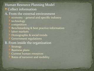 Human Resource Planning Model
Collect information
A. From the external environment
economy – general and specific industry
technology
competition
Benchmarking & best practice information
labor markets
Demographic & social trends
Government regulations
B. From inside the organization
Strategy
Business plans
Current human resources
Rates of turnover and mobility
 