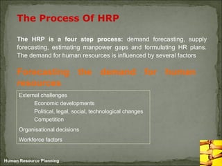 Human Resource Planning
The Process Of HRP
The HRP is a four step process: demand forecasting, supply
forecasting, estimating manpower gaps and formulating HR plans.
The demand for human resources is influenced by several factors
Forecasting the demand for human
resources
External challenges
Economic developments
Political, legal, social, technological changes
Competition
Organisational decisions
Workforce factors
 
