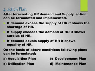 4. action Plan
After forecasting HR demand and Supply, action
can be formulated and implemented.
 If demand excess the supply of HR it shows the
shortage of HR.
 If supply exceeds the demand of HR it shows
surplus of HR.
 If demand equals supply of HR it shows
equality of HR.
On the basis of above conditions following plans
can be formulated;
a) Acquisition Plan b) Development Plan
c) Utilization Plan d) Maintenance Plan
 