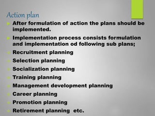 Action plan
 After formulation of action the plans should be
implemented.
 Implementation process consists formulation
and implementation od following sub plans;
 Recruitment planning
 Selection planning
 Socialization planning
 Training planning
 Management development planning
 Career planning
 Promotion planning
 Retirement planning etc.
 