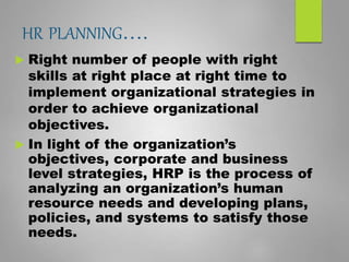 HR PLANNING….
 Right number of people with right
skills at right place at right time to
implement organizational strategies in
order to achieve organizational
objectives.
 In light of the organization’s
objectives, corporate and business
level strategies, HRP is the process of
analyzing an organization’s human
resource needs and developing plans,
policies, and systems to satisfy those
needs.
 