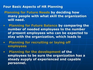 Four Basic Aspects of HR Planning Planning for Future Needs  by deciding how many people with what skill the organization will need. Planning for Future Balance  by comparing the number of needed employees to the number of present employees who can be expected to stay with the organization, which leads to Planning for recruiting or laying off   employees Planning for the development  of the employees to be sure the organization has a steady supply of experienced and capable personnel. 