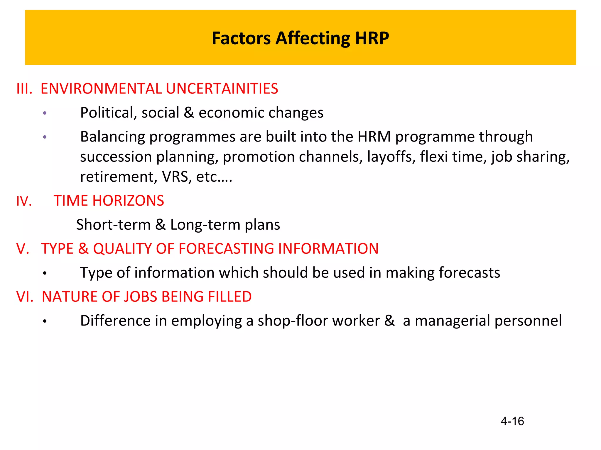 4-16
Factors Affecting HRP
III. ENVIRONMENTAL UNCERTAINITIES
• Political, social & economic changes
• Balancing programmes are built into the HRM programme through
succession planning, promotion channels, layoffs, flexi time, job sharing,
retirement, VRS, etc….
IV. TIME HORIZONS
Short-term & Long-term plans
V. TYPE & QUALITY OF FORECASTING INFORMATION
• Type of information which should be used in making forecasts
VI. NATURE OF JOBS BEING FILLED
• Difference in employing a shop-floor worker & a managerial personnel
 