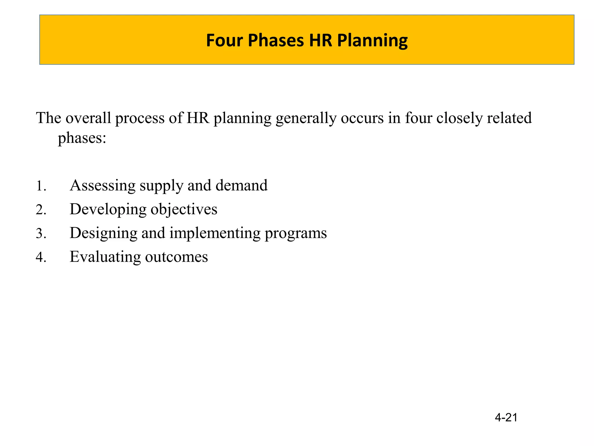 4-21
Four Phases HR Planning
The overall process of HR planning generally occurs in four closely related
phases:
1. Assessing supply and demand
2. Developing objectives
3. Designing and implementing programs
4. Evaluating outcomes
 