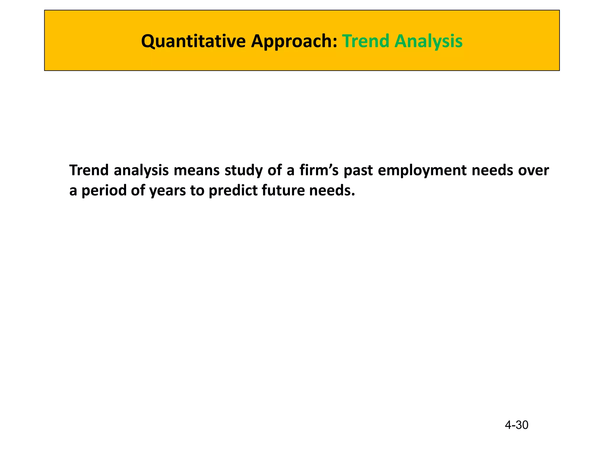 4-30
Quantitative Approach: Trend Analysis
Trend analysis means study of a firm’s past employment needs over
a period of years to predict future needs.
 