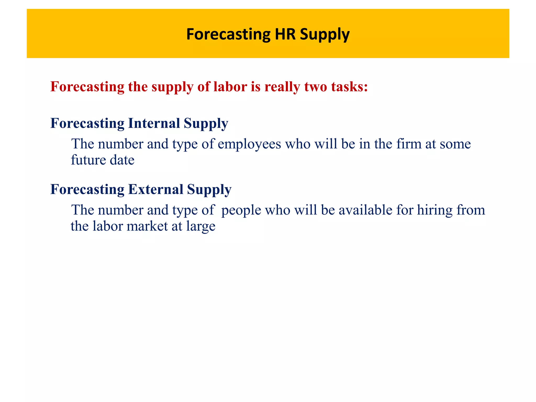 Forecasting HR Supply
Forecasting the supply of labor is really two tasks:
Forecasting Internal Supply
The number and type of employees who will be in the firm at some
future date
Forecasting External Supply
The number and type of people who will be available for hiring from
the labor market at large
 