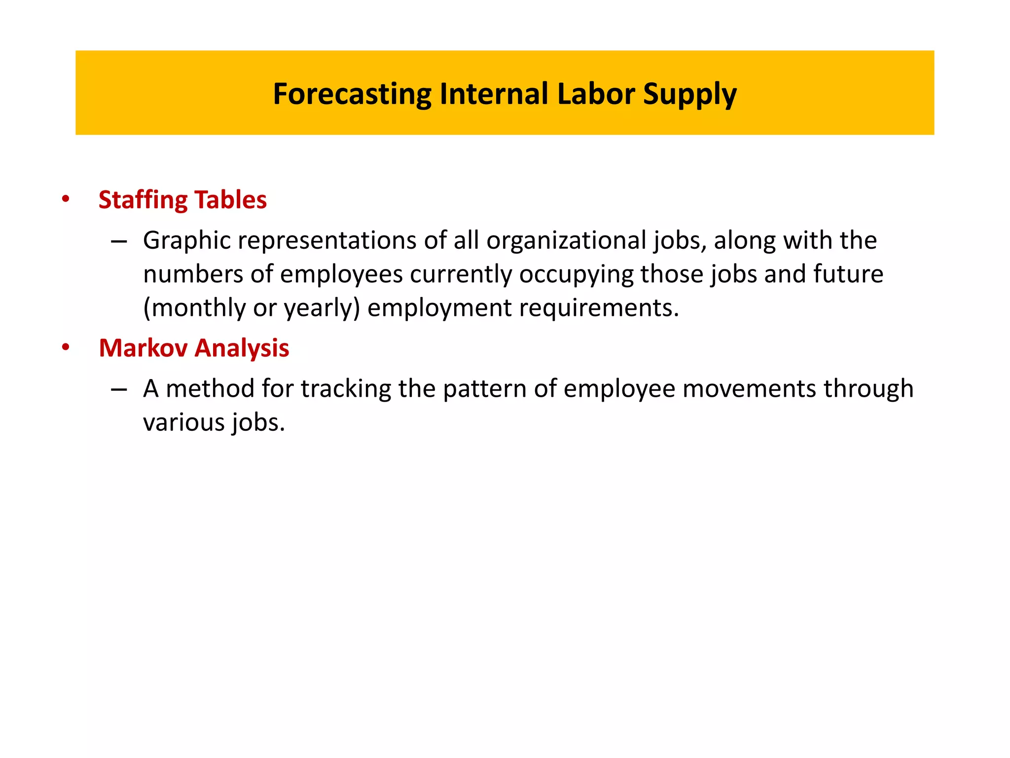 Forecasting Internal Labor Supply
• Staffing Tables
– Graphic representations of all organizational jobs, along with the
numbers of employees currently occupying those jobs and future
(monthly or yearly) employment requirements.
• Markov Analysis
– A method for tracking the pattern of employee movements through
various jobs.
 
