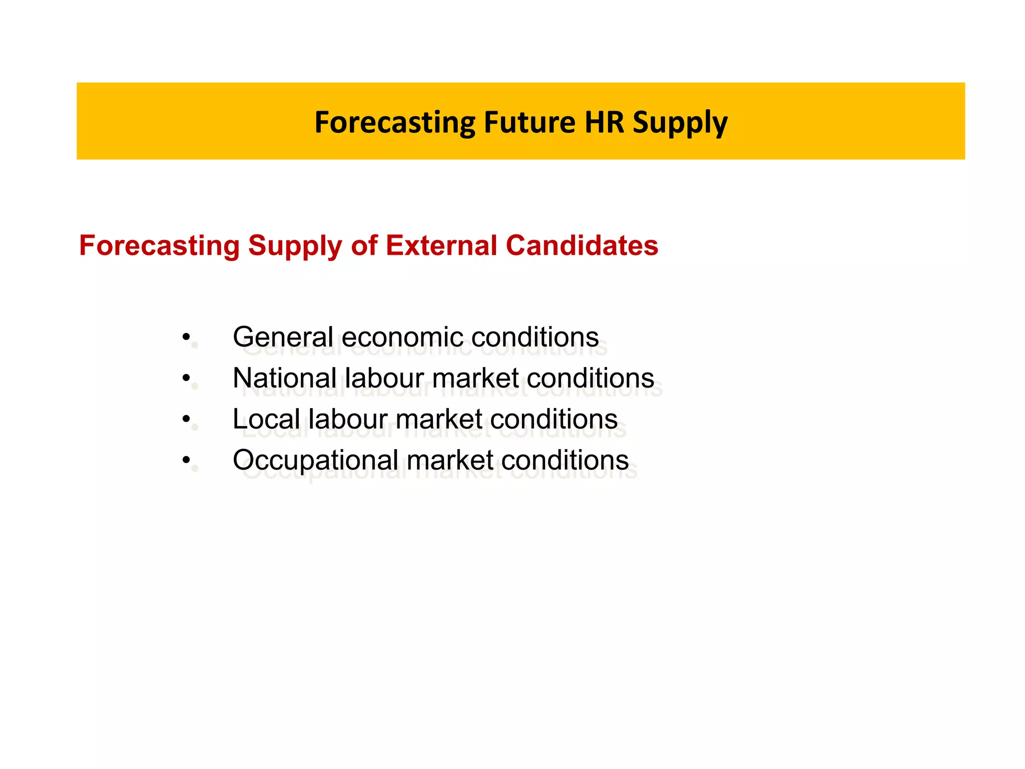 Forecasting Future HR Supply
• General economic conditions
• National labour market conditions
• Local labour market conditions
• Occupational market conditions
Forecasting Supply of External Candidates
 