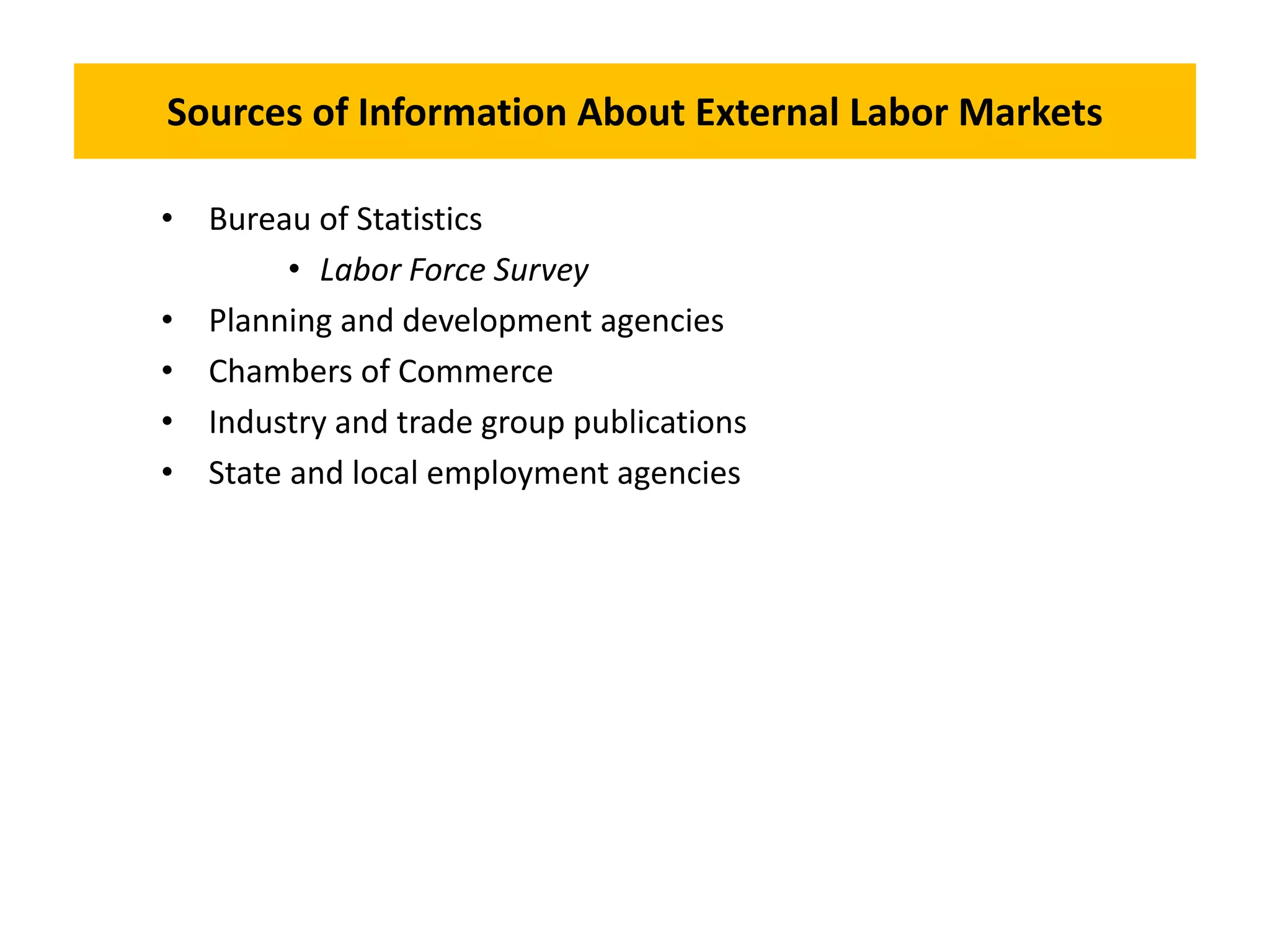 Sources of Information About External Labor Markets
• Bureau of Statistics
• Labor Force Survey
• Planning and development agencies
• Chambers of Commerce
• Industry and trade group publications
• State and local employment agencies
 