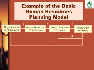 Example of the Basic
Human Resources
Planning Model
Organization
al Objectives
Human Resource
Requirements
Human Resource
Programs
Feasibility
Analysis
1 2 3
4
5
 