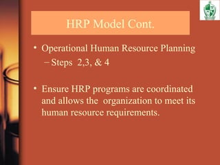HRP Model Cont.
• Operational Human Resource Planning
– Steps 2,3, & 4
• Ensure HRP programs are coordinated
and allows the organization to meet its
human resource requirements.
 