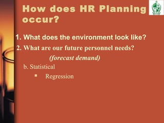 How does HR Planning
occur?
1. What does the environment look like?
2. What are our future personnel needs?
(forecast demand)
b. Statistical
 Regression
 