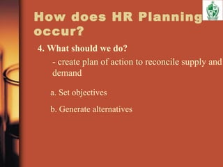 How does HR Planning
occur?
4. What should we do?
- create plan of action to reconcile supply and
demand
a. Set objectives
b. Generate alternatives
 