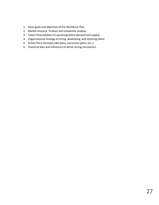 27
1. Clear goals and objectives of the Workforce Plan
2. Market research, Product and competitor analysis
3. Talent Forecast(data on upcoming talent demand and supply)
4. Organizational strategy on hiring, developing, and retaining talent
5. Action Plans (Includes L&D plans, succession plans, etc.,)
6. Historical data and inferences to derive strong conclusions.
 