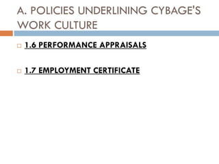 A. POLICIES UNDERLINING CYBAGE'S
WORK CULTURE
   1.6 PERFORMANCE APPRAISALS

   1.7 EMPLOYMENT CERTIFICATE
 