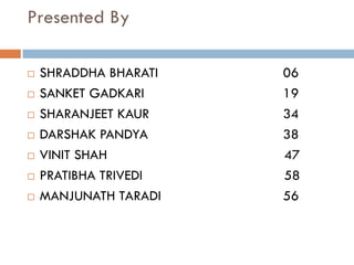 Presented By

   SHRADDHA BHARATI   06
   SANKET GADKARI     19
   SHARANJEET KAUR    34
   DARSHAK PANDYA     38
   VINIT SHAH         47
   PRATIBHA TRIVEDI   58
   MANJUNATH TARADI   56
 