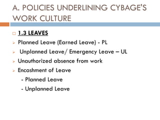 A. POLICIES UNDERLINING CYBAGE'S
WORK CULTURE
   1.3 LEAVES
   Planned Leave (Earned Leave) - PL
    Unplanned Leave/ Emergency Leave – UL
   Unauthorized absence from work
   Encashment of Leave
     - Planned Leave
     - Unplanned Leave
 