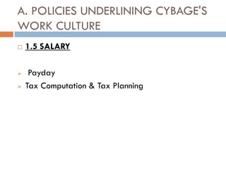 A. POLICIES UNDERLINING CYBAGE'S
WORK CULTURE
   1.5 SALARY

    Payday
   Tax Computation & Tax Planning
 