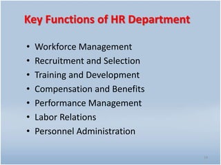 Key Functions of HR Department
• Workforce Management
• Recruitment and Selection
• Training and Development
• Compensation and Benefits
• Performance Management
• Labor Relations
• Personnel Administration
14
 