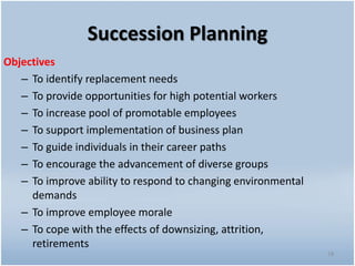 Succession Planning
18
Objectives
– To identify replacement needs
– To provide opportunities for high potential workers
– To increase pool of promotable employees
– To support implementation of business plan
– To guide individuals in their career paths
– To encourage the advancement of diverse groups
– To improve ability to respond to changing environmental
demands
– To improve employee morale
– To cope with the effects of downsizing, attrition,
retirements
 
