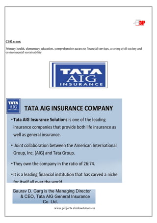 www.projects.alinfosolutions.in
CSR areas:
Primary health, elementary education, comprehensive access to financial services, a strong civil society and
environmental sustainability.
 